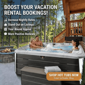 Guests enjoying an outdoor hot tub at a mountain vacation rental, highlighting a popular short-term rental amenity